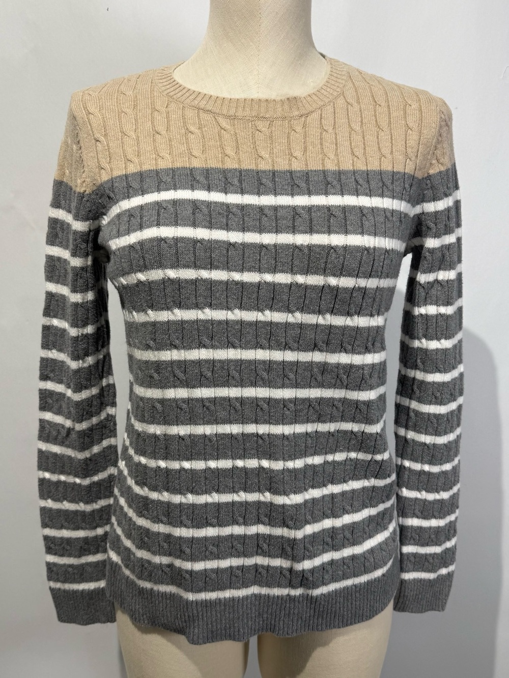 Croft&Barrow Beige and Gray Striped Cable-Knit Sweater size small